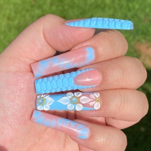 Baby blue croc french tip nails 3d acrylic flowers press on-styled in xxl