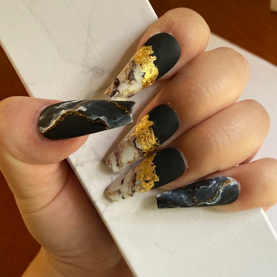Black Marble Gold Flakes White Marble Nails Fake Nails Etsy