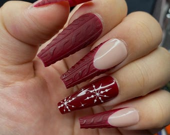 Holiday Burgundy Sweater Press on nails| Everyday Wear | Custom Sizes