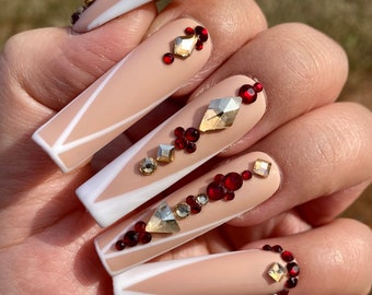 Pink and White V French Tip Floral Nail Gems Styled in Long