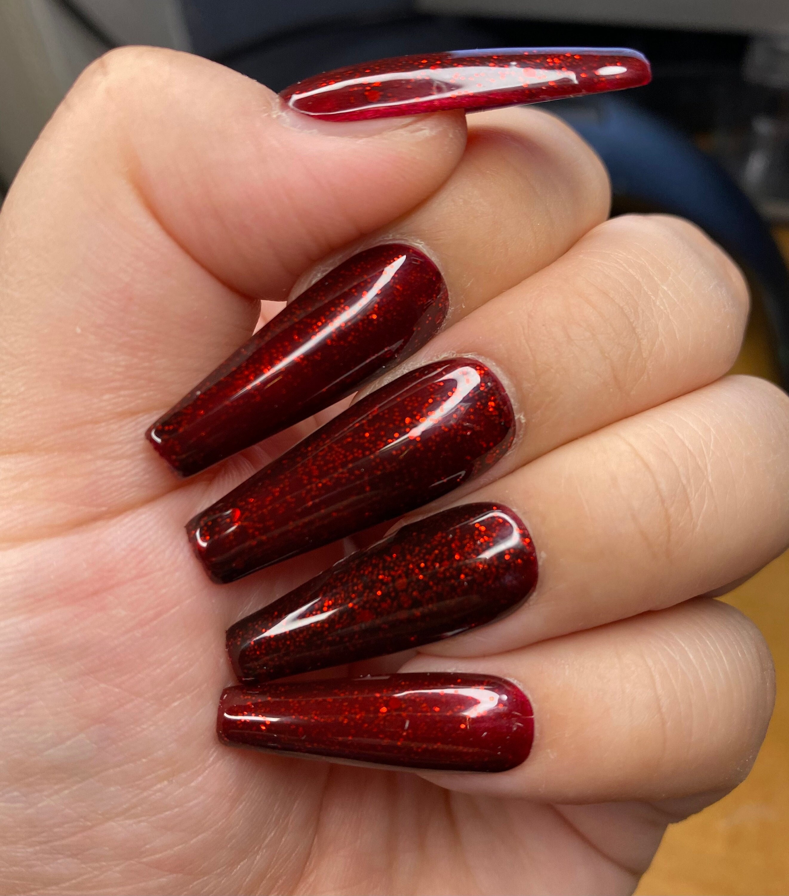 Ruby Red Glitz Glitter Nails-styled in Long Ballerina 