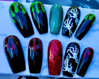 spooky-drip nails-green slime-drip blood nail art-black nails-Costume nails-long coffin nails