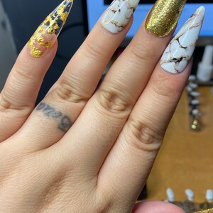 Stunning White Marble Nails With Gold Accent Nail Design Gold Flake Nail Art Press on Nails