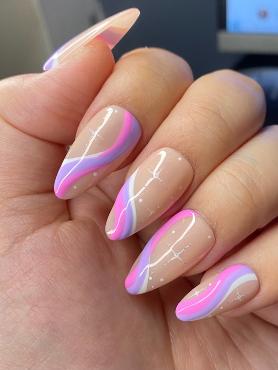 Pink & Purple Abstract Swirly Nail Art Press on Nails styled in Medium  Almond 