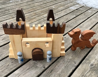 Wooden Castle Set / Wooden Building Blocks / Wooden Castle Blocks / Wooden Dragon / Peg People Knight / Easter Toddler / Small World Play