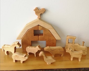 Wooden Farm Animals / Wooden Barn / Farm Animal Set / Wooden Toy Tractor / Small World Play / Easter Toddler / Montessori Toy / Farm Toys