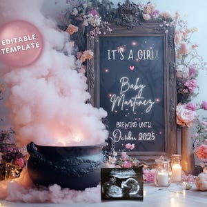 Modèle de révélation bébé chaudron, révélation de bébé fille, révélation de fumée rose, révélation numérique de genre, faire-part de grossesse fille Halloween modifiable