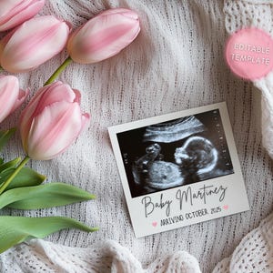 Einfache Schwangerschaft Enthüllen, Frühling Baby Enthüllen Ankündigung Rosa Tulpen für Baby Mädchen, Digitale Geschlecht Enthüllen, Bearbeitbare Schwangerschaftansage
