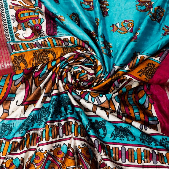 Vintage Saree Paisley Printed Silk Fabric Craft Sari Indian Sari Fabric  Arts