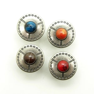 Donkerzilveren edelsteen jeanbutton (10st) - 17 mm; Turkoois/Bruin/Rood/Oranje
