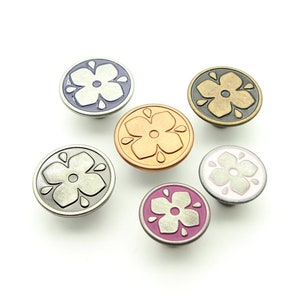 Blommiga jeansknappar - 14/17 mm; Antikmässing/Tenn/Orange koppar/Lila/Magenta/Rosa (10 st)