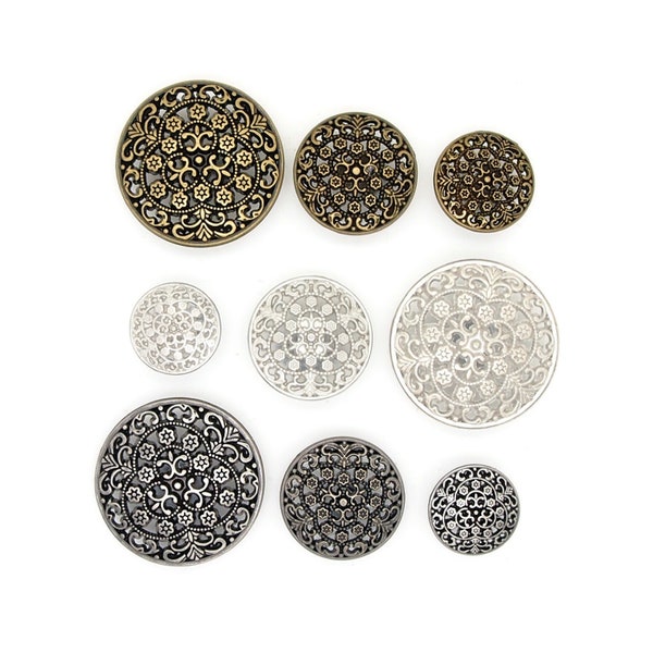 Victorian buttons (10pcs) - 28/20/15mm; Antique brass/Silver/Dark silver