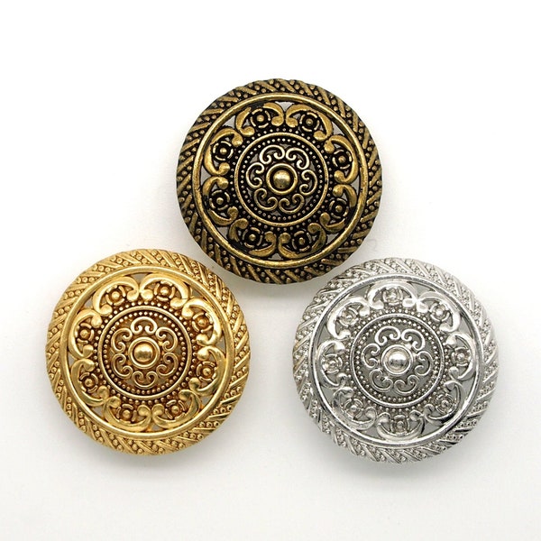Boutons en métal à motif dentelle (5 pièces) - 30 mm ; Laiton vieilli/Or/Argent