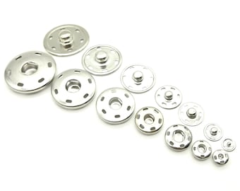 Sew-on snaps (10pcs)- 8/10/14/15/21/25/30mm; Silver