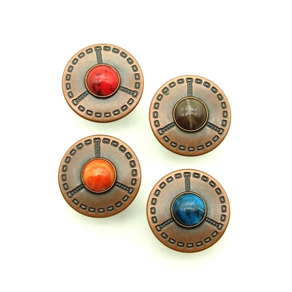 Antique copper gemstone jean button (10pcs) - 17mm; Turquoise/Brown/Orange/Red