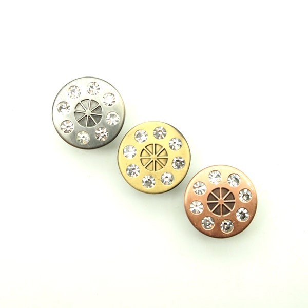 Rhinestone jean button (3pcs) - 20mm; Brushed pewter/Brushed brass/Brushed copper