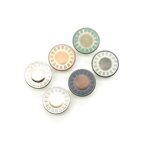 Vintage jean button (10pcs) - 17mm; Light gold/Pearl silver/Red tea leaf/Alloy/Rustic brass/Blue copper