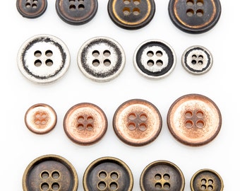 Rustic 4 hole metal button (10 pcs)  - 25/23/20/15mm; Dark graphite/Tin black/Copper/Antique brass