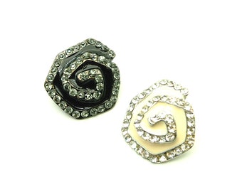 Rhinestone roses button (3pcs) - 24mm; Black/White