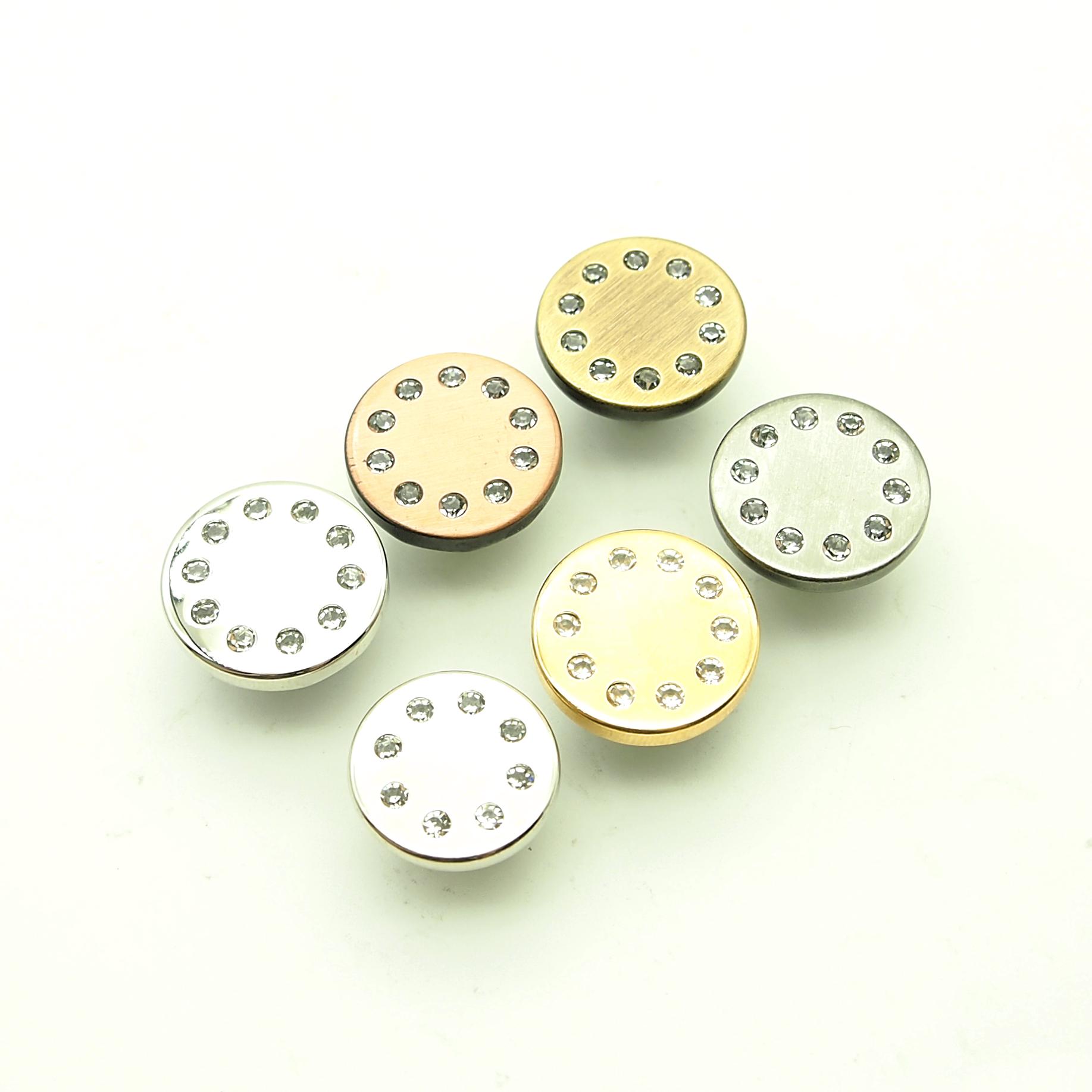 Crystal jean button (5pcs) - 15/17mm; Shiny silver/Shiny gold/Brushed brass/Brushed copper/Brushed pewter