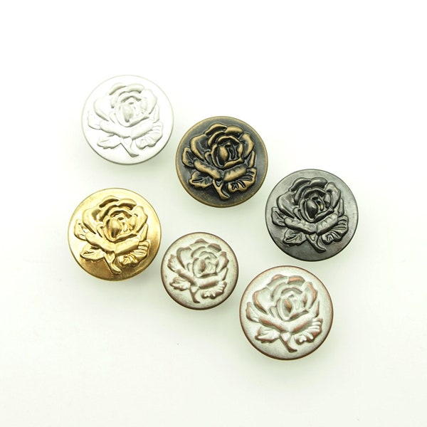 Rose jean buttons (10pcs) - 14/17mm; Copper tin/Antique brass/Pewter/Gold/Matte silver