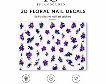 3D-blommiga nageldekaler | Självhäftande nagelklistermärken | Lilablå blommig nagelkonst | Präglade nageldekaler | Tryckbara nageltillbehör