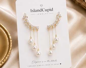 Örhängen med guldfärgade kristallpärlor | Eleganta hängande pärlörhängen | Statementörhängen för brudpar | Glamorösa smycken utan piercing