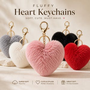 May include: A collection of fluffy heart-shaped keychains in various colors, including gray, white, pink, black, and red. Each keychain has a gold-colored clasp and chain. The text "FLUFFY Heart Keychains" is displayed at the top.