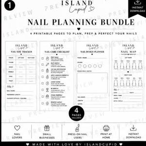 May include: A black and white printable nail planning bundle with four pages. The pages include a nail size tracker, nail care checklist, nail design planner, and nail map. The text "Island Cupid" is at the top.