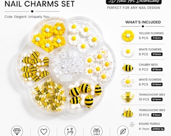 Adornos para uñas de abeja y margarita (mezcla) / Set de adornos 3D para uñas / Lindas decoraciones de abejas para uñas / Adornos florales para uñas acrílicas, de gel y de presión