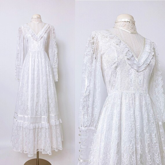 GUNNE SAX | 1970s Ruffled Floral-Lace Dress | Vint