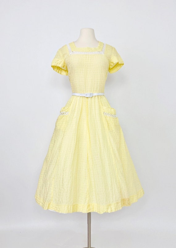 1940s Pocket Cotton- Seersucker Midi Dress