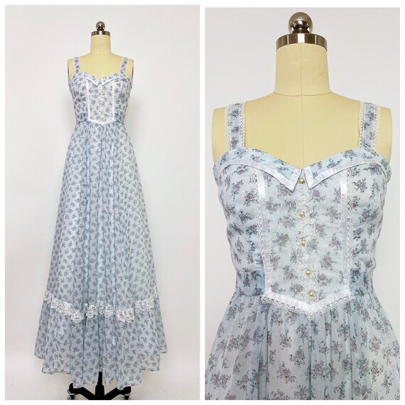 GUNNE SAX | 1970s Floral Print Maxi Dress -Blue