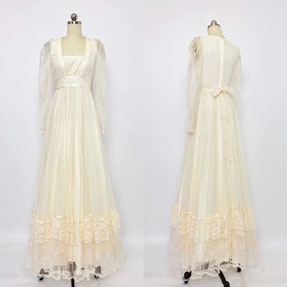 GUNNE SAX | 1970s Lace Trimmed Mesh Gown | vintage