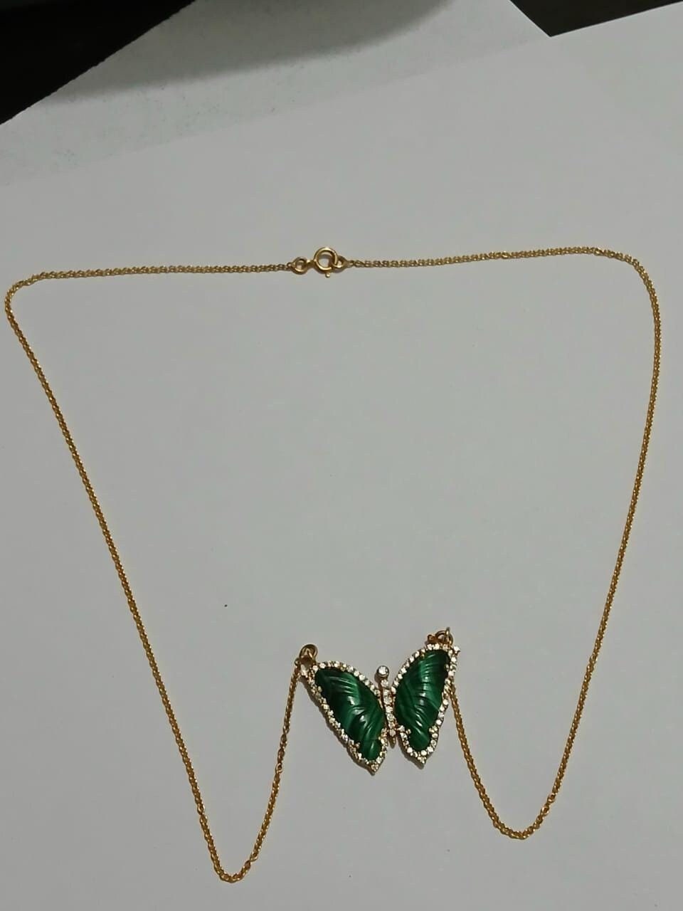 Solid 14k Gold Pendant, Pave Butterfly Necklace, Malachite  