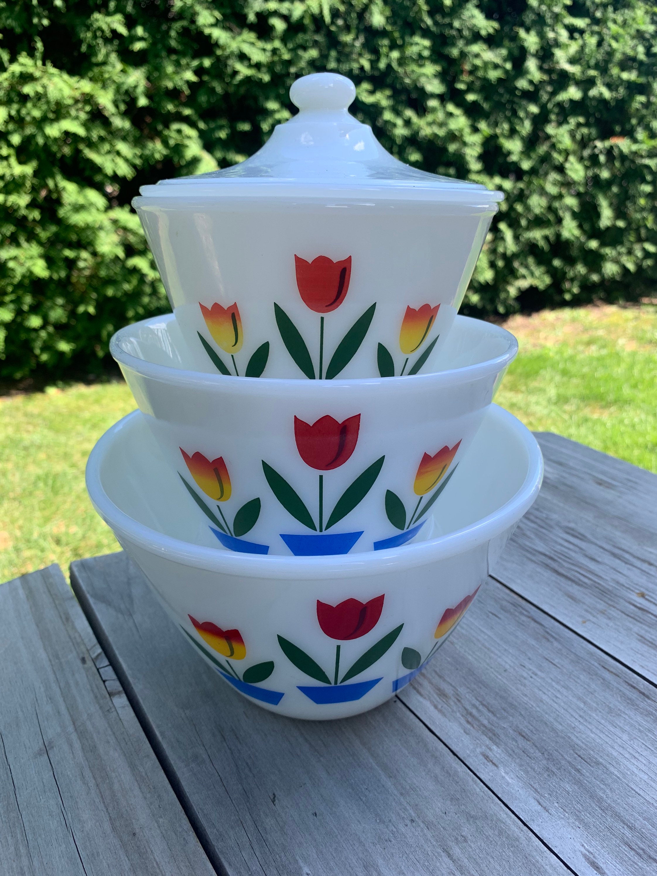 Fire King Tulip Nesting Bowls, Fire King Grease Jar, Vintage Fire King