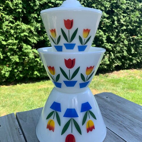 Fire King Tulip Nesting Bowls/ Fire King Grease Jar/ Vintage Etsy