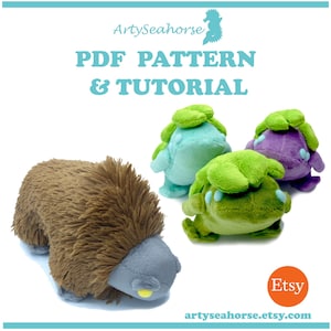 May include: PDF pattern and tutorial for making plush toys. The image shows three finished plush toys: a green one with a leafy head, a purple one with a leafy head, and a brown one with a gray head. The image also includes the text "ArtsySeahorse" and "Etsy".