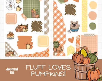 Fluff loves Pumpkins Journaling planner stickers, Planner sticker kit, Fall sticker kit, Journal sticker kit, Autumn Bears