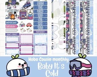 Baby It&#39;s Cold Planner Stickers, Hobonichi Cousin Monthly Sticker Kit, Hand drawn Characters, Winter Stickers, Cute Hand Drawn Snow Stickers