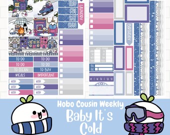 Baby It&#39;s Cold Planner Stickers, Hobonichi Cousin Weekly Sticker Kit, Hand drawn Characters, Winter Stickers, Cute Hand Drawn Snow Stickers