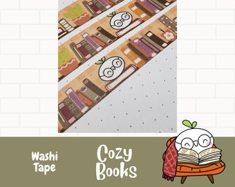 Gemütliche Bücher Washi Tape, Kreatives Klebeband, Wiederverwendbares Klebeband, Buchliebhaber Washi Tape, Handgezeichnetes Washi Tape, Charakter Washi Tape, Bücherregal Washi