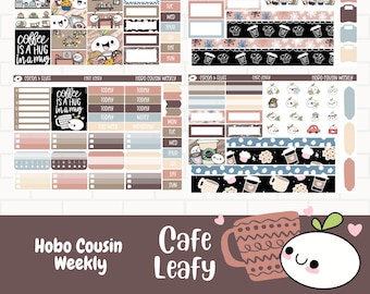 Cafe Leafy Planner Stickers, Hobonichi Cousin Weekly Sticker Kit, Hand drawn Characters, Coffee Shop Stickers, Cute Hand Drawn Stickers