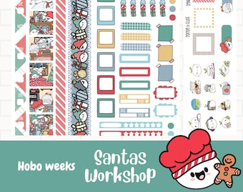 Santa's Workshop Hobonichi Wochen Planer Aufkleber, Weekly Sticker Kit, Handgezeichnete Kunst, Weihnachtsspaß Planer Aufkleber, Hobo Weeks Kit