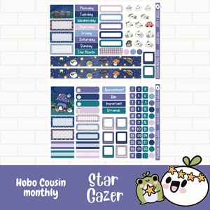 Star Gazer Planner Stickers, Hobonichi Cousin Maandelijkse Stickers, Hand getrokken karakters, Night Sky Fun Stickers, Leuke Hand getrokken stickers