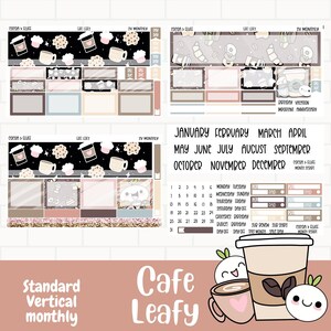 Cafe Leafy maandelijkse planner stickers, planner sticker kit, koffiehuis sticker kit, standaard verticale maandelijkse sticker kit, met de hand getekend