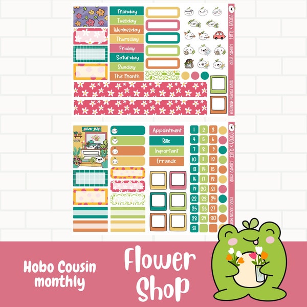 Flower Shop Leafy Planner Stickers, Hobonichi Cousin Monthly Sticker Kit, Hobonichi Monthly Set Up, Hand drawn Characters, Floral Stickers