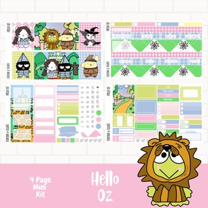 May include: A digital planner kit with a whimsical "Hello Oz" theme. The kit includes a calendar page, weekly planner pages, and various stickers featuring characters from the Wizard of Oz. The stickers are in a cartoon style and feature bright colors like pink, green, and yellow.