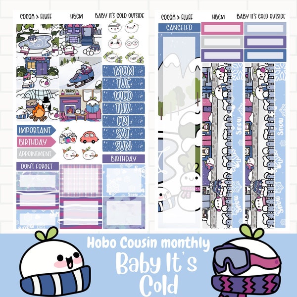 Baby It's Cold Planner Stickers, Hobonichi Cousin Monthly Sticker Kit, Hand drawn Characters, Winter Stickers, Cute Hand Drawn Snow Stickers