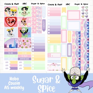 Sugar & Spice, Hobonichi Cousin Aufkleber Kit, Hobo Weekly, Handgezeichnete Charaktere, 90er Jahre Cartoon Hobo Aufkleber, Superhelden Aufkleber